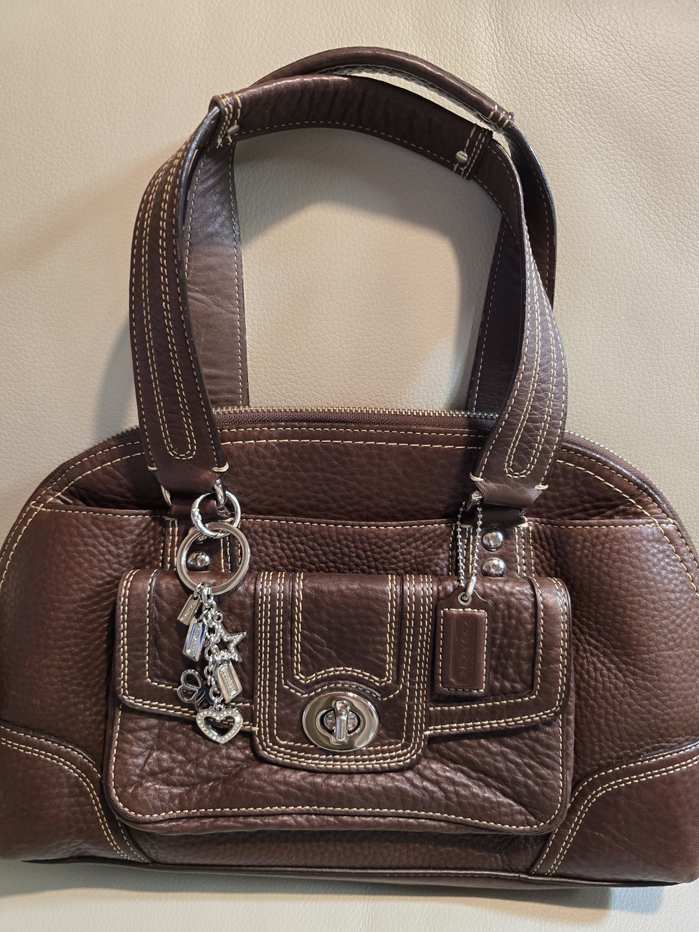 Coach EUC 3 Piece Brown Pebbled Leather Shoulder Bag with Coach Charm & Strap - Picture 2 of 10